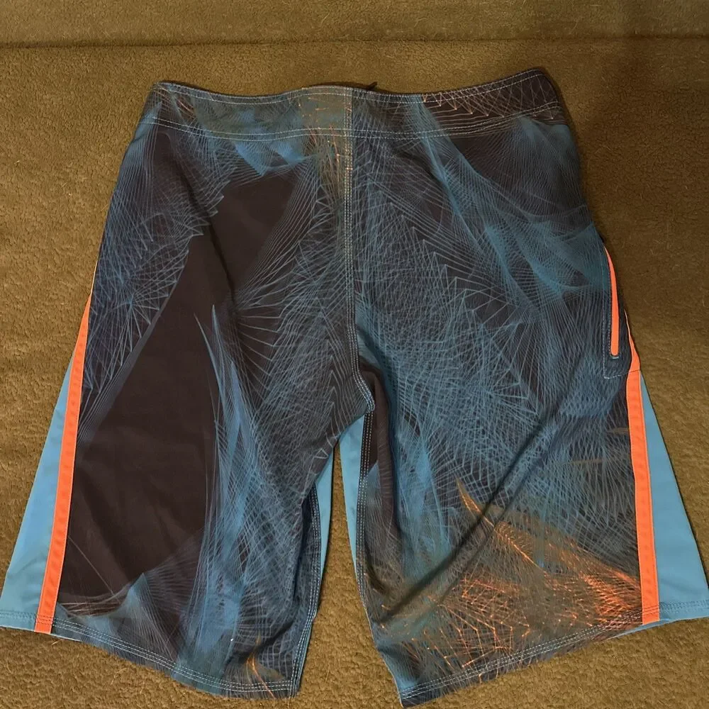 Oakley 32 Blue Board Shorts Zip Pocket Orange Regular Fit Swim Skull Y2K Print